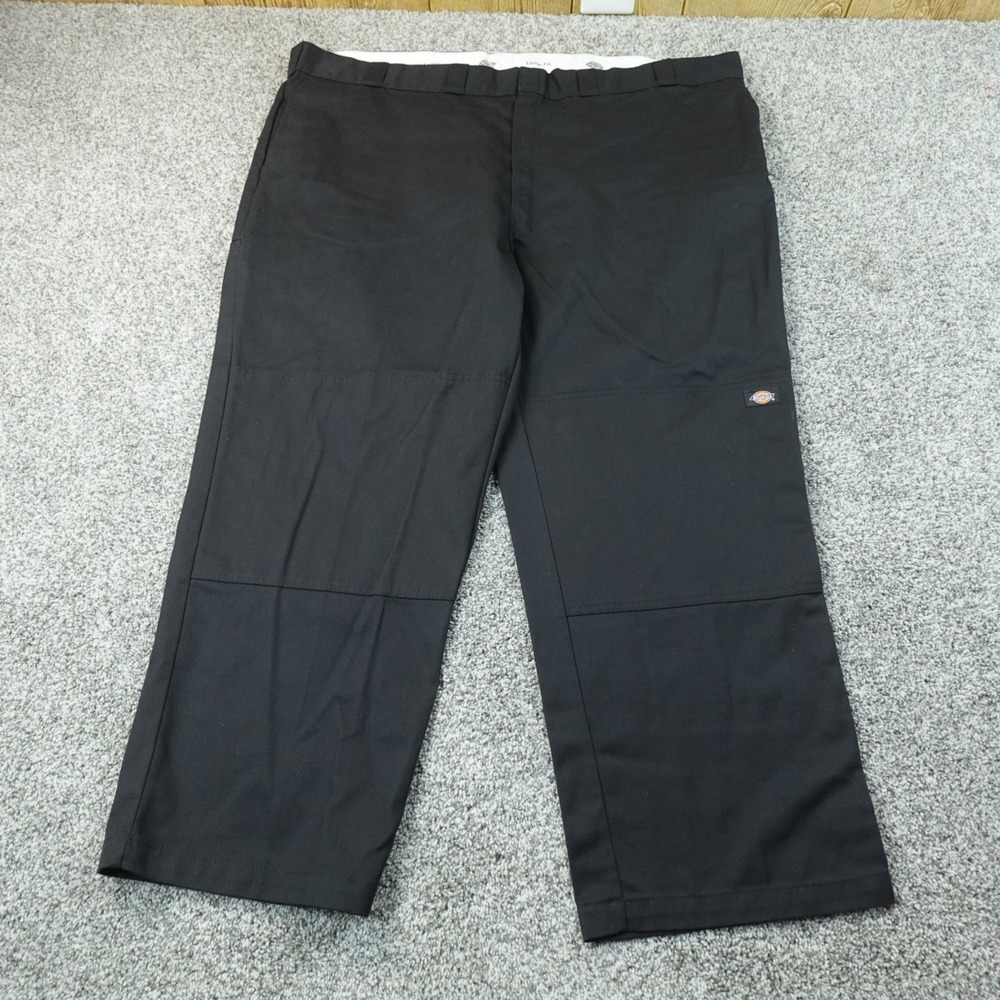Dickies Pants Mens 52X30 Black Chino Trousers Double Knee Loose Flat Front Work